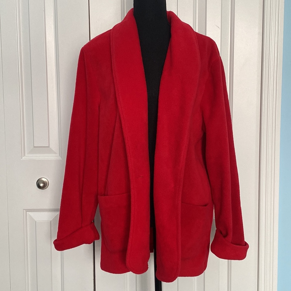 Adorable Retro Joanna Red Medium Petite Soft Fleece Button Jacket With Pockets - Picture 3 of 10